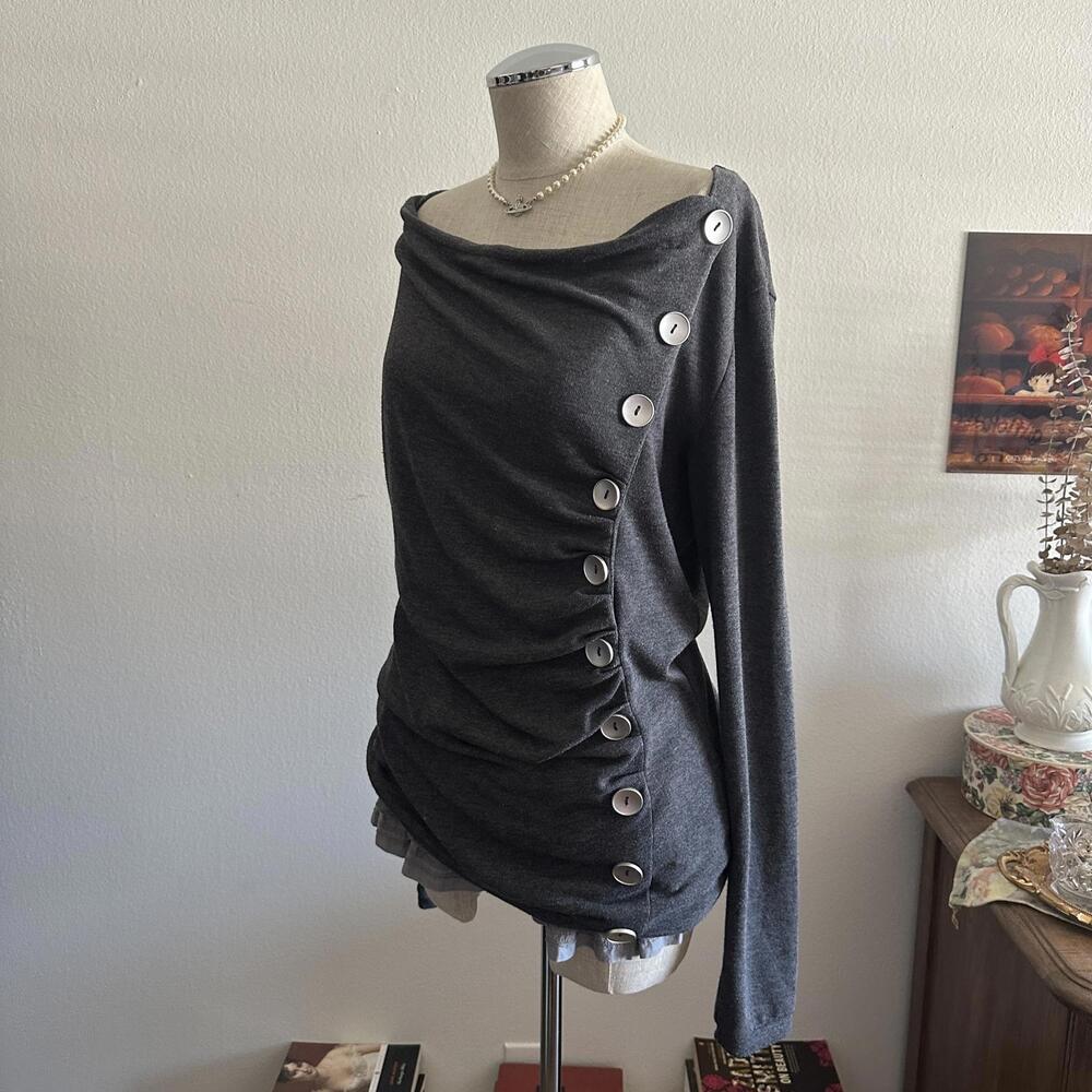 Gray Asymmetrical Button Knit Top - image 4